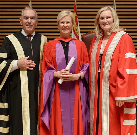 From left: Chancellor Gregory Sorbara, Colleen Johnston and York President and Vice-Chancellor Rhonda L. Lenton
