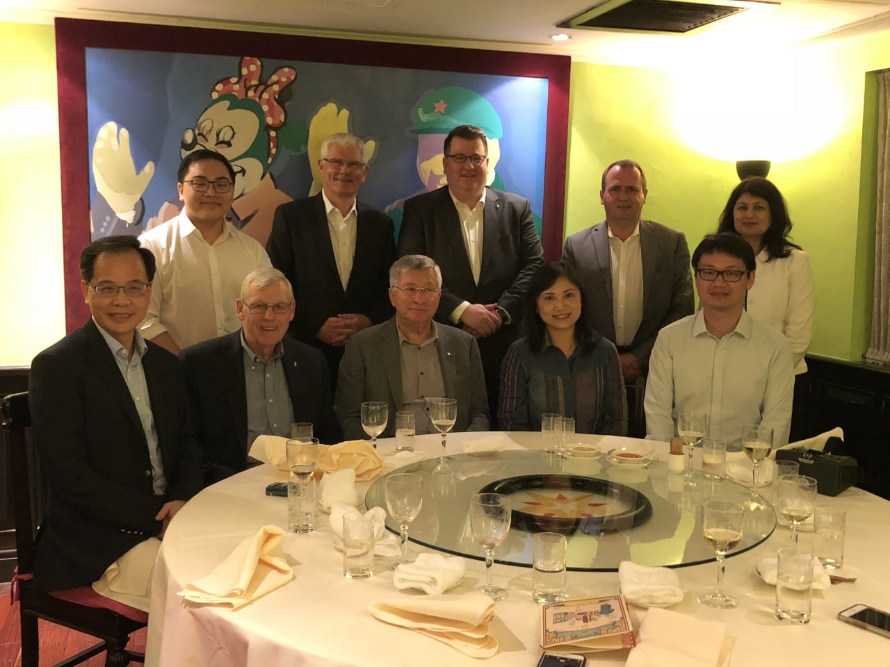 Private Dinner for Dean Emeritus Dezsö J. Horváth hosted by the group, Hong Kong, May, 2018. Pictured Front Row L to R: Thomas Luk, Bill Graham (MBA '86), Dean Emeritus Dezsö J. Horváth, Helen Wong (IMBA '92), Adrian Chau (MBA '00). Back Row L to R: Wilbert Luk, Rob Hines, David Bell, Professor Matthias Kipping, and Aloma Gravel.