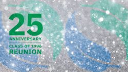 Schulich 25th Anniversary is on the left of the screen on a silver background with the Schulich leaves in Blue and Green with a sparkling effect.