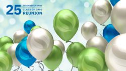 Schulich 25th Anniversary is in the upper left corner on a light blue background with a cloud of blue, green, and white balloons with translucent Schulich leaves on them