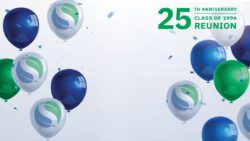 Schulich 25th Anniversary is in the upper right corner on a white background flanked by a variety of blue, green, and white balloons with the Schulich leaves on them