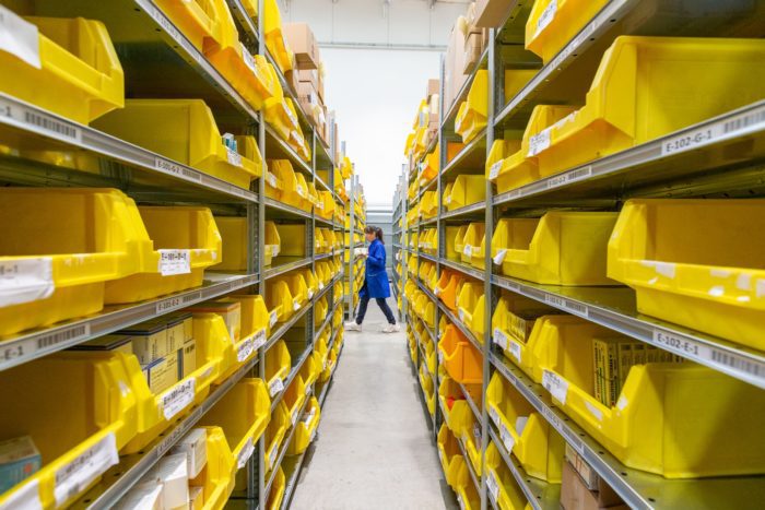 warehouse with yellow storage containers