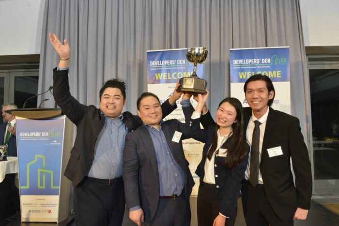 The Developers’ Den XII winning team of Schulich students, from left to right: Ambrose Li (MBA ’22), Jisung Kim (MBA ’22), Janessa Choong (MBA ’23), and Adrian Hartanto (MBA ’22).