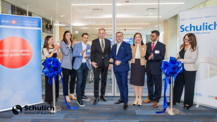 From left to right: Melanie Cao, Program Director, Master of Finance; Program Director, Financial Engineering; Professor of Finance, Schulich School of Business; Helen Seibel, Head Community and Employee Giving, North America, BMO; Orest Pizyo, Managing Director, Technology Investment Banking, BMO Capital Markets; Detlev Zwick, Dean, Professor of Marketing, Tanna H. Schulich Chair in Digital Marketing Strategy, Schulich School of Business; Mike Bonner, Head, Canadian Personal and Business Banking Distribution, BMO; Pauline Shum Nolan, Professor of Finance; Area Coordinator, Finance, Schulich School of Business; Faisal Habib, Director, BMO Future Leaders Finance Lab Schulich School of Business; Susana Gajic-Bruyea, Vice-President, Advancement, York University