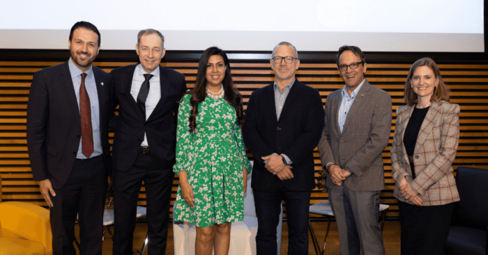 From left to right: Rob Cerjanec (MBA ’21), Dean Detlec Zwick, Fatima Israel (MBA '06), Jack Fraser (EMBA '13), Daniel Tisch Echevarria, and Christina Niederwanger, Executive Director, Advancement and Alumni Engagement.