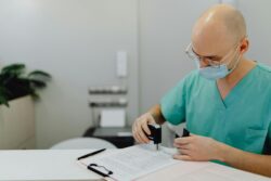 Image of a man in medical scrubs sitting at a desk and stamping documents
