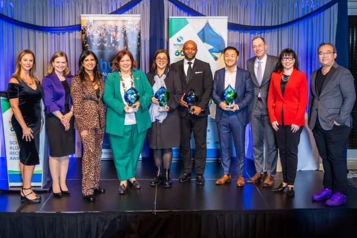 From left to right: Karina Butzek-Morris, Director, Alumni Engagement, Schulich School of Business; Christina Niederwanger, Executive Director, Advancement & Alumni Engagement, Schulich School of Business; Fotini Iconomopoulos (MBA ’08), Negotiation Consultant & Author, Forward Focusing; Sasha Krstic (IMBA ’03), Executive Vice President, Security Solutions, Mastercard; Dr. Eileen de Villa (MBA ’03), Former Medical Officer of Health, City of Toronto; Michael O. Lewis (MBA ’09), Managing Partner, Financial Services, Amrop; Chris Ye (BBA ’08), Co-Founder & Co-CEO, Uken Games; Detlev Zwick, Dean, Schulich School of Business; Pam Laycock (MBA ’89), President, Global Alumni Network, Schulich School of Business; and Keith Loo (MBA ’09), CEO & Co-Founder, Skinopathy.