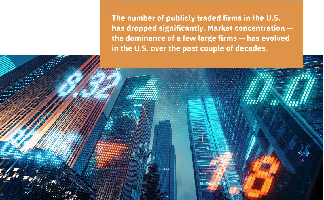 A text call out showing a stylized cityscape with the text "The number of publicly traded firms in the US has dropped significantly. Market concentration - the dominance of a few large firms - has evolved in the US over the past couple of decades. "