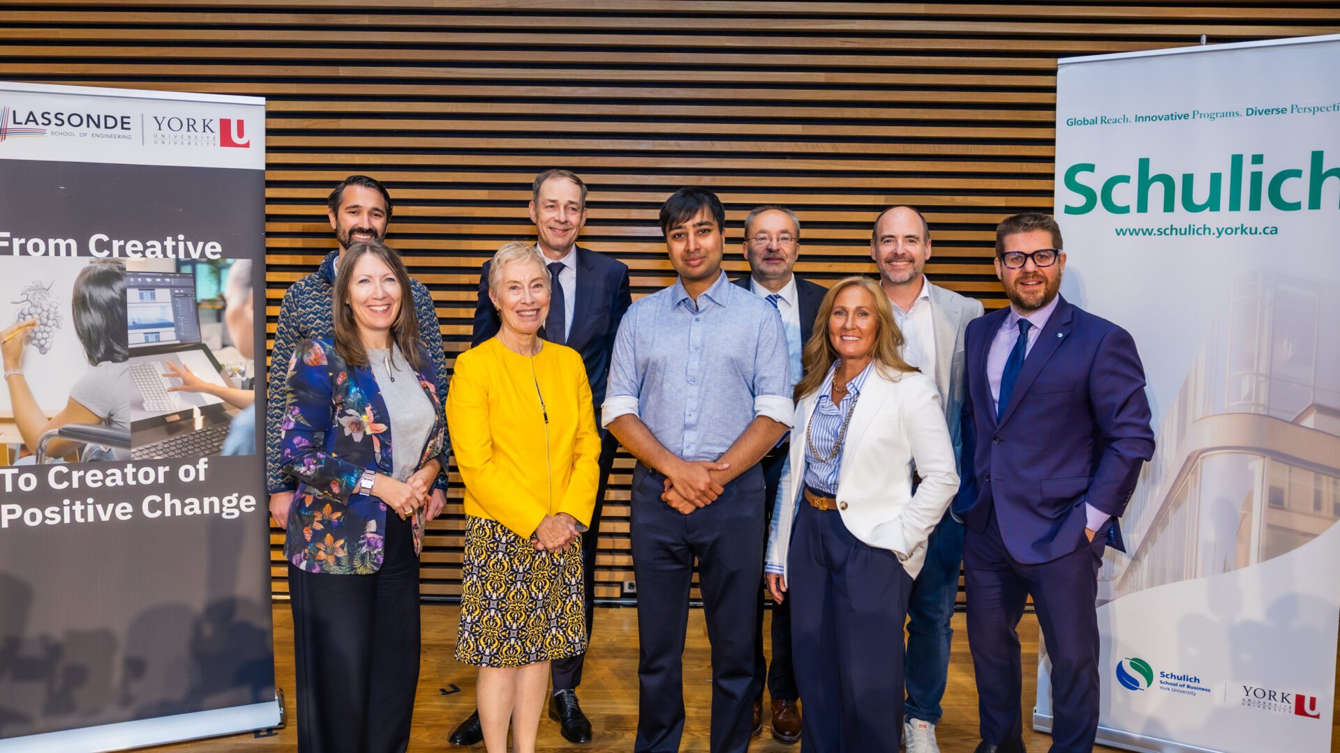 From left to right: Matthew Lombardi, Co-founder of The Icebreaker; Detlev Zwick, Dean of the Schulich School of Business; Burkard Eberlein, Professor of Strategic Management and Public Policy, Schulich; Mark Maybank, Co-founder and Managing Partner, Maverix Private Equity; and Chris Carder, Executive Director of Innovation and Entrepreneurship, Schulich. Front row: Jane Goodyer, Dean of the Lassonde School of Engineering; Eileen Mercier, founding donor of the Mercier Lecture; Rahul Goel, Founder and CEO of NordSpace; and Sam Macdonald, Co-founder of Deep Trekker Inc.