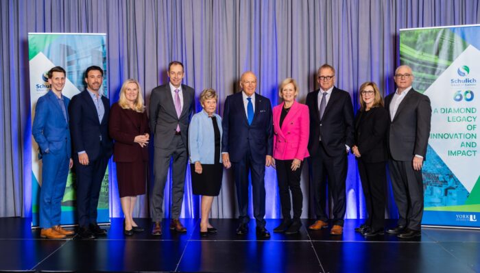 From left to right: Curtis Schulz, Jake Krembil, Rhonda Lenton (President and Vice Chancellor, York University), Detlev Zwick (Dean, Schulich School of Business), Linda Krembil, Robert Krembil (MBA ’71, Hon LLD ’00), Colleen Johnston (BBA ’82, Hon LLD ’18), Joe Mapa (Director of the Krembil Centre), Stacey Krembil, Mark Krembil (President & CEO, Krembil Foundation)