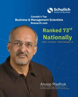 Image of Professor Anoop Madhok with the text "Canada's Top Business & Management Scientists, Research.com" as the title of the image. Image has the text "Ranked #73 Nationally" next to him