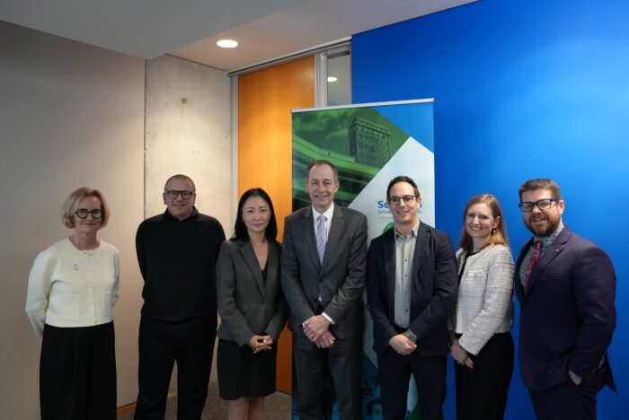 From left to right: Eileen Fischer, Professor of Marketing, Associate Dean, Research, and Anne & Max Tanenbaum Chair in Entrepreneurship and Family Enterprise; Stephen Friedman, Adjunct Professor of Organizational Studies; Luba Pan, Executive Director, Student Services & International Relations; Detlev Zwick, Dean and Professor of Marketing, Tanna H. Schulich Chair in Digital Marketing Strategy; David Goodman, Vice-President, The Schulich Foundation; Christina Niederwanger, Executive Director, Advancement & Alumni Engagement; and Chris Carder, Executive Director, Office of Innovation & Entrepreneurship, Co-Director of Entrepreneurial Studies, and Laura and Jay Rapp Chair in Entrepreneurial Studies.