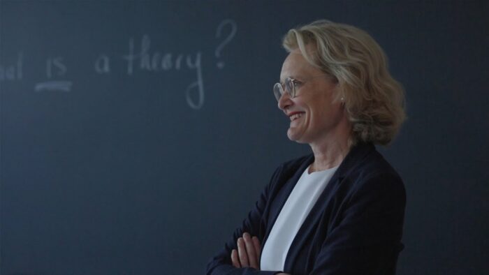 Side profile of a woman wearing glasses 