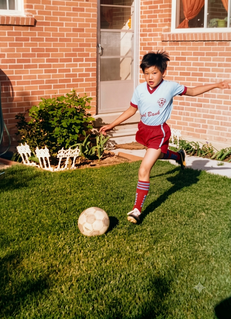 Child playing soccer on a lawn in front of a brick house.