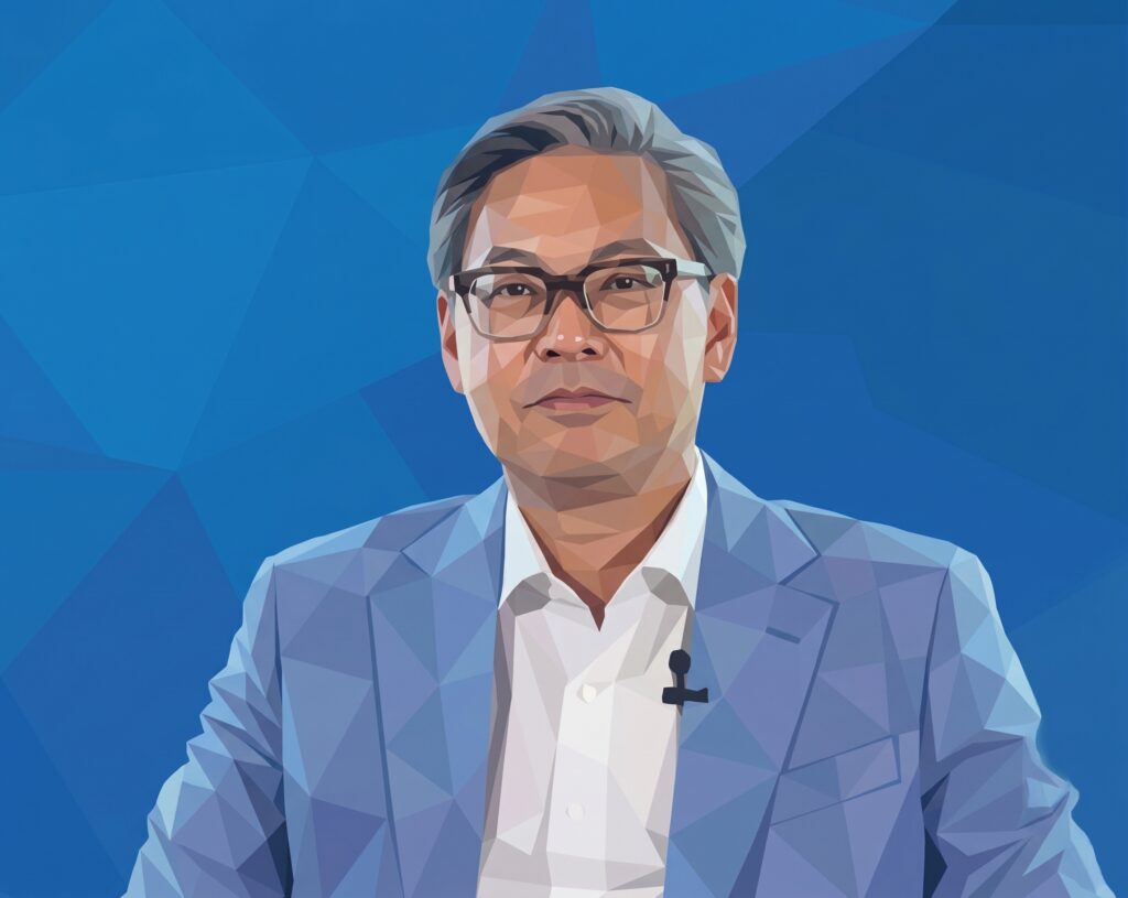 Low-poly portrait illustration of a man wearing glasses and a blue blazer against a geometric blue background.