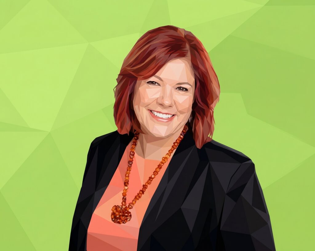 Low-poly portrait illustration of a smiling woman with red hair against a geometric green background.